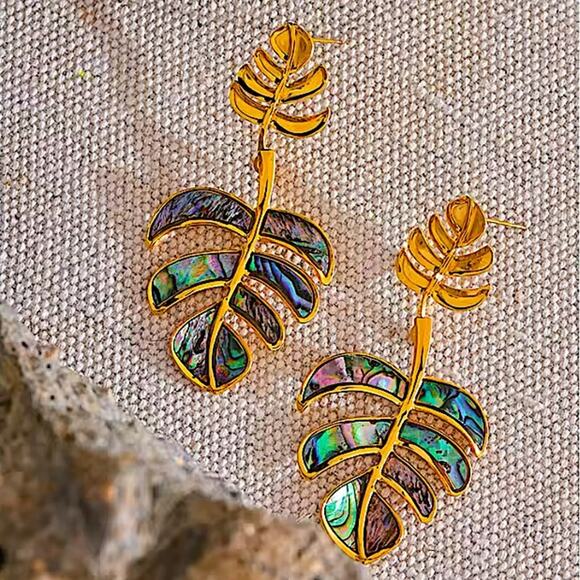Boho Gold Iridescent Leaf Earrings Stainless Steel Gold Plated - Picture 11 of 11
